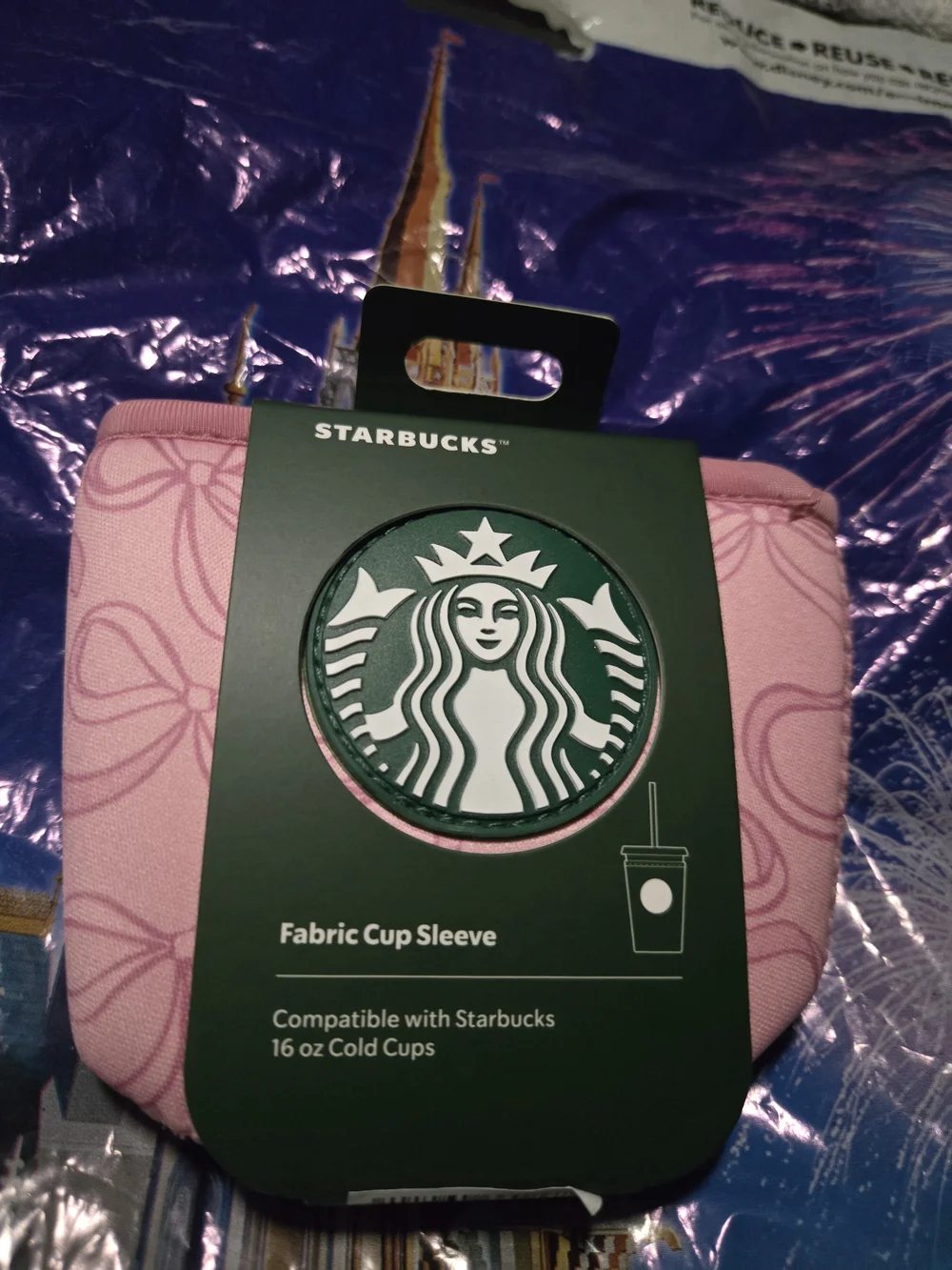 2026 Disney Parks Starbucks Pink Ribbons Bows Fabric 16 Oz. Cold Cup Sleeve New